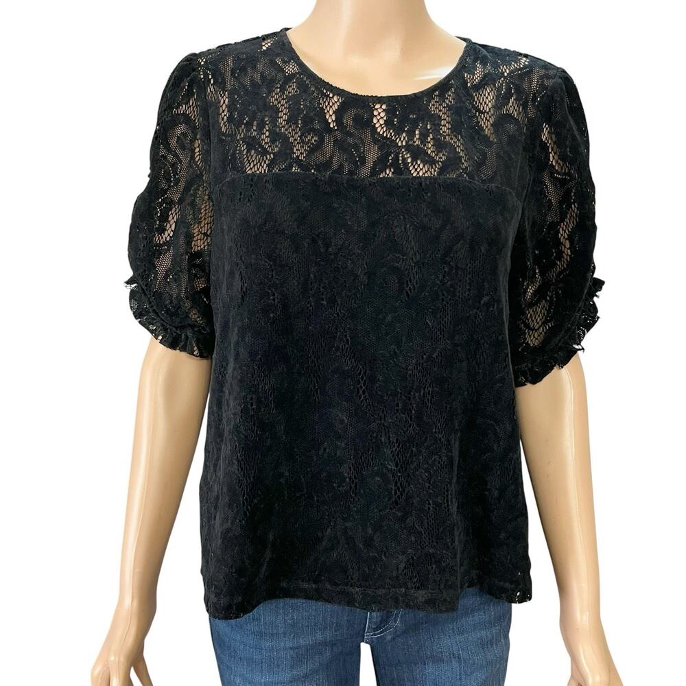Anthropologie Parvati Lace Blouse Medium Velvet Flocking Puff Sleeve Black Goth